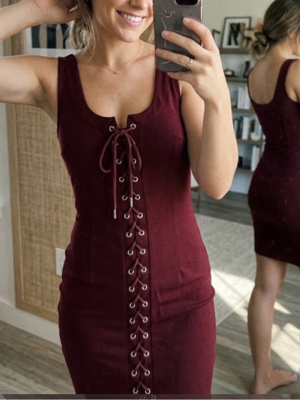 Fashion Nova Women's Lace-Up Tank Dress in Burgundy